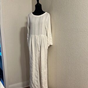 Free People White Wide Leg Jumpsuit with Long Bishop Sleeves and Crew Neck